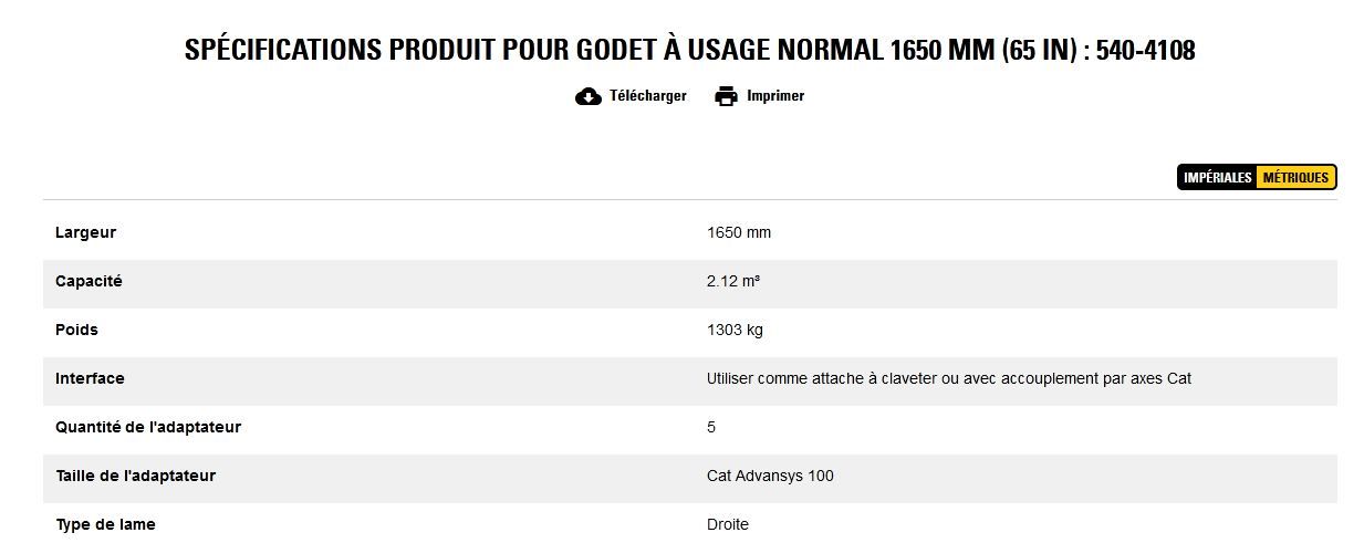 540-4108 godet d'excavation à usage normal - caterpillar finance france - 1650 mm (65 in) - capacité 2.12 m³_5