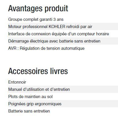 Technic 6500 E AVR - Groupe électrogène Kohler - Puissance max 6,30 kW - Fréquence 50 Hz - Tension nominale 230 V_5