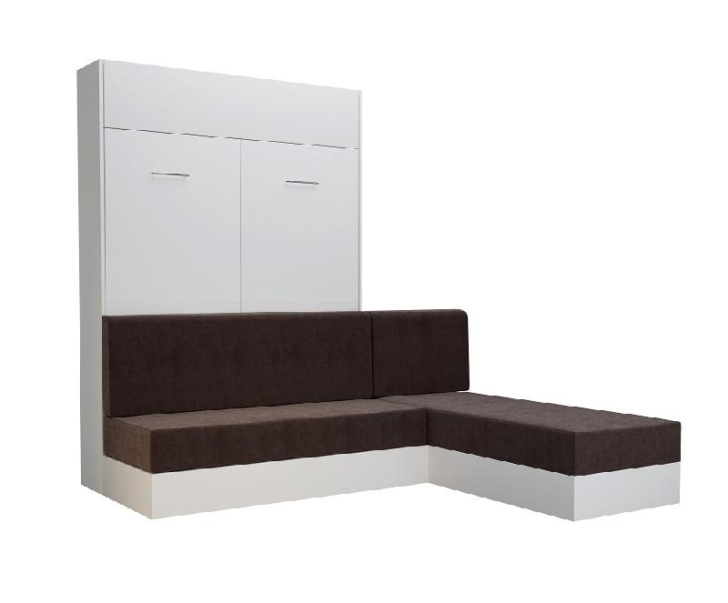 Lit escamotable Dynamo Sofa - Canapé angle méridienne réversible blanc mat tissu marron 140x200 cm avec coffre de rangement_5