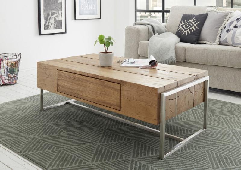 Table basse DARIO 110 x 60 cm - Chêne finition huilée avec 1 tiroir et piétement acier brossé_5