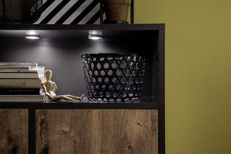 Buffet haut HALTON - 2 tiroirs, 2 portes et 1 niche décorative avec éclairage LED - Décor chêne gris cosmos, style industriel_5