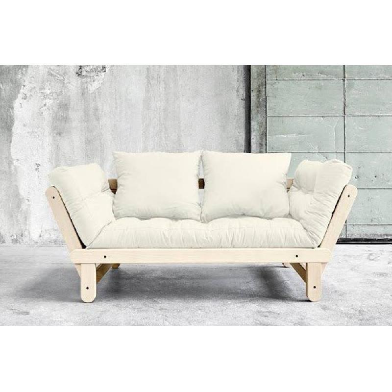 Banquette méridienne futon BEAT en pin naturel - tissu écru - couchage 1 personne 75x200 cm_5