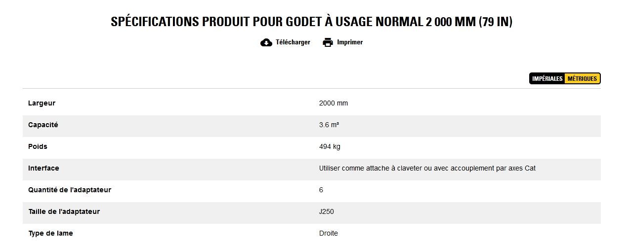 Godet d'excavation à usage normal - caterpillar finance france - 2 000 mm (79 in) - capacité 3.6 m³_5