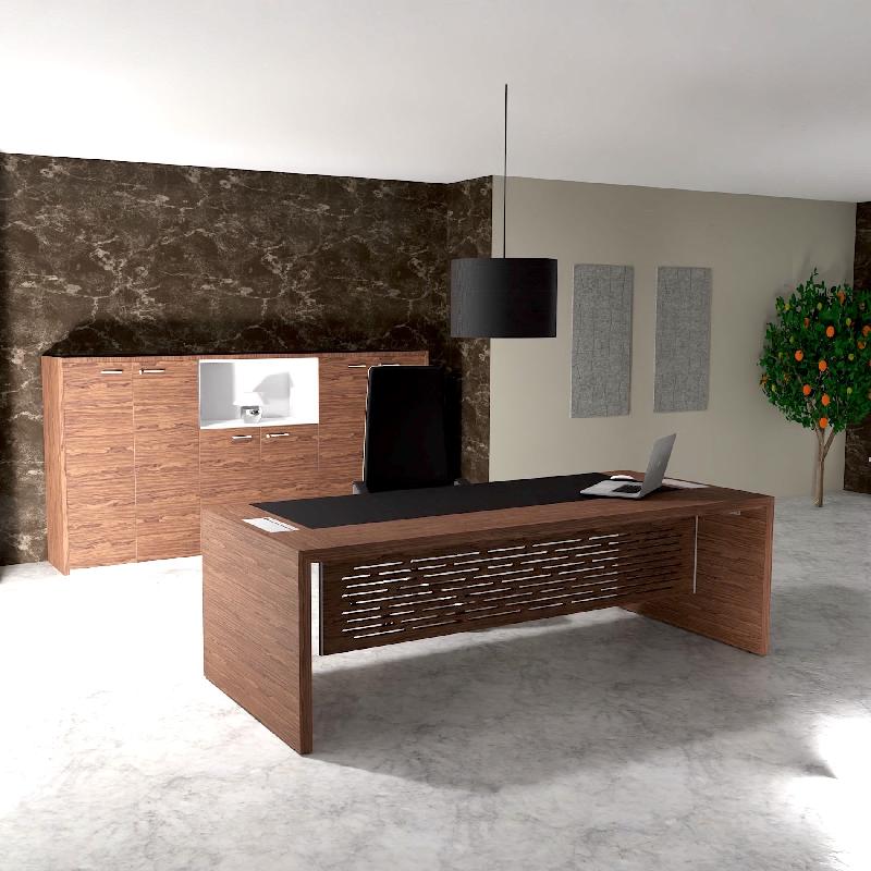 Bureau de Direction E10 - QUADRIFOGLIO - 224, Noyer américain, Avec voile de fond, Cuir noir_0