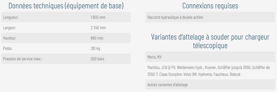 Pince à balles avec longueur de 1600 mm et capacité de 310 kg