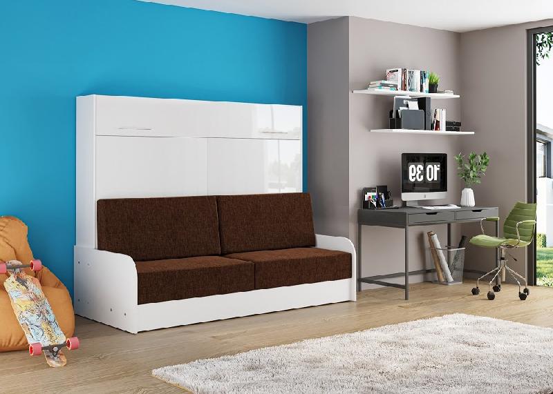 Composition lit escamotable Vertigo Sofa - accoudoirs mélaminés blanc brillant, canapé marron 160x200 cm - L315_5