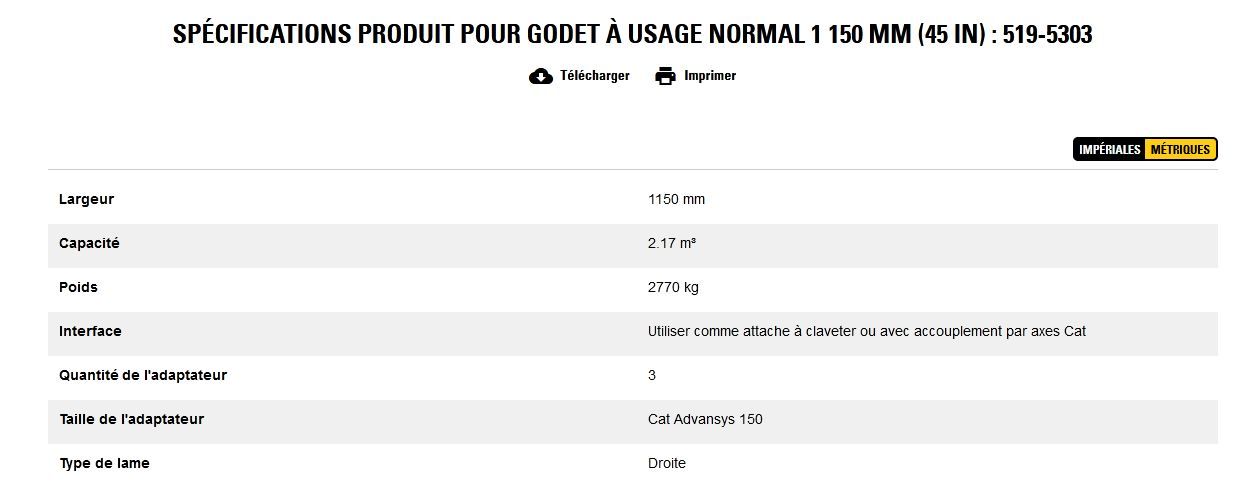 519-5303 godet d'excavation à usage normal - caterpillar finance france - 1 150 mm (45 in) - capacité 2.17 m³_5