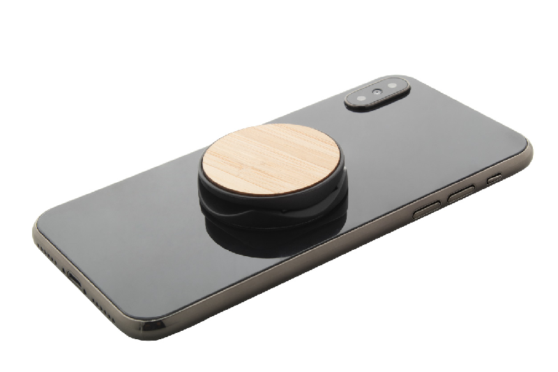 Support pour mobile rond en plastique avec base auto-adhésive et revêtement bambou - couleur noir, poids 8g_5