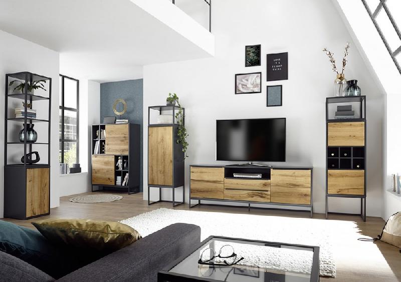 Rangement Abou - 1 niche, 2 portes, 1 étagère à bouteilles - MDF gris anthracite et plaqué chêne_5