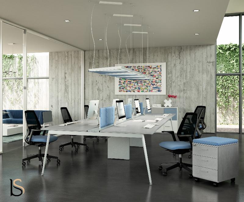 Bureau bench 6 personnes X3 - Officity - Blanc 9010, 540, Béton_0