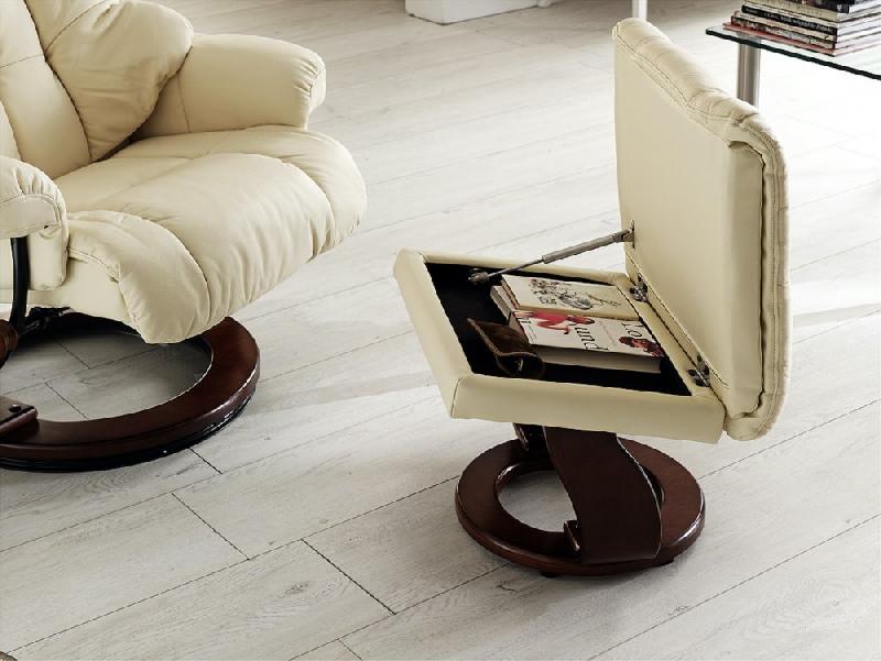 Fauteuil relax CLAIRAC - cuir crème - pied en bois noyer - avec repose-pied - inclinable à 135° et pivotant à 360°_5