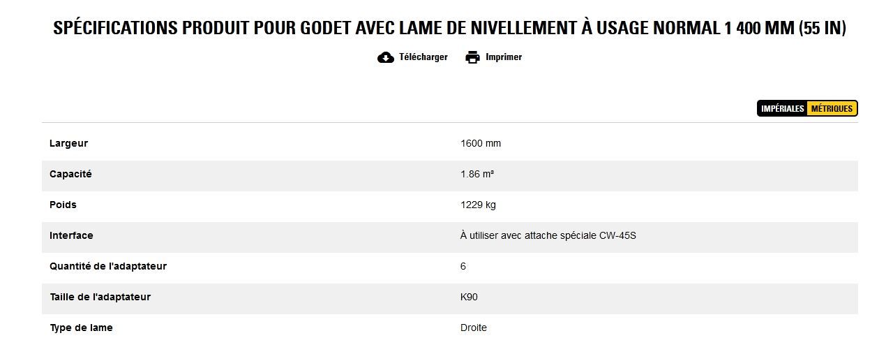 Godet d'excavation à usage normal avec lame de nivellement - caterpillar finance france - 1 400 mm (55 in) - capacité 1.86 m³_5