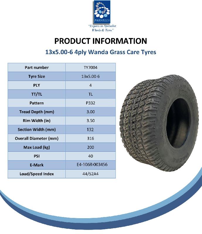 13x5.00-6 Grass Lawnmower Tyres  Rims Wanda P332, 20mm 6304 Bearings (Set of 2)_5
