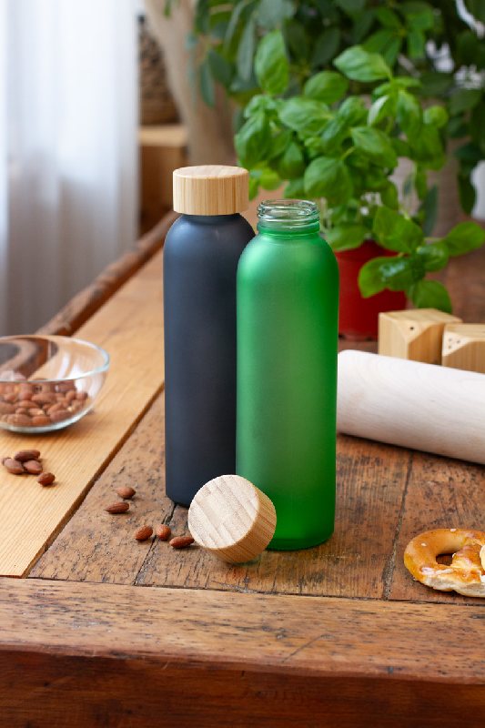 Gourde en verre givré - bouchon en bambou - 500 ml - couleur verte_5