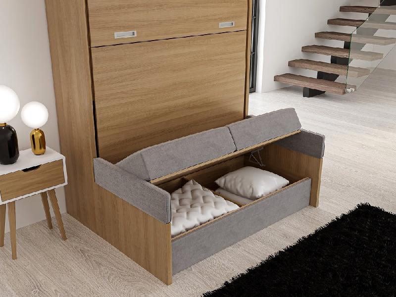 Armoire lit escamotable NAXOS SOFA - 140x200 cm - Merisier Verona - Canapé tissu gris_5