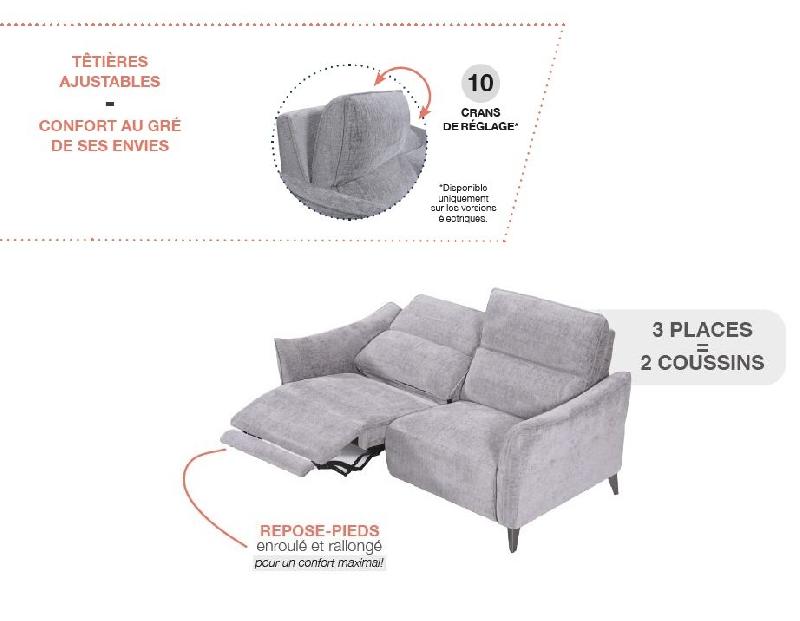 Canapé 3 places 2 relaxations électriques ATTITUDE - Têtière réglable 10 crans - Tissu chenillé ocre_5
