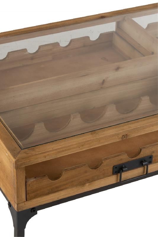 Table basse industrielle FAKY - 2 tiroirs pour bouteilles - métal noir et bois naturel_5