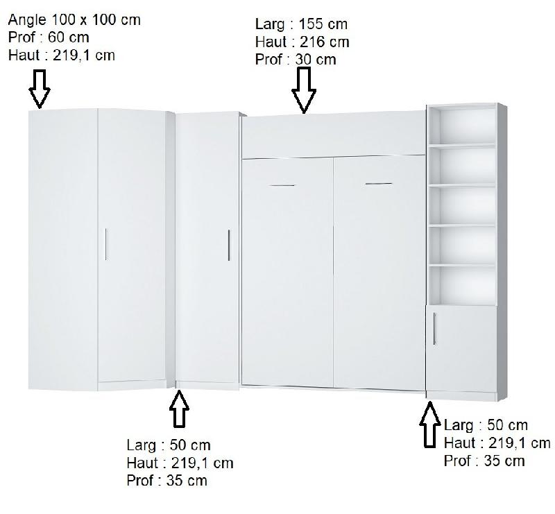 COMPOSITION ARMOIRE LIT ESCAMOTABLE DYNAMO BLANC MAT COUCHAGE 140 X 200 CM  2 COLONNES RANGEMENTS + ANGLE_5