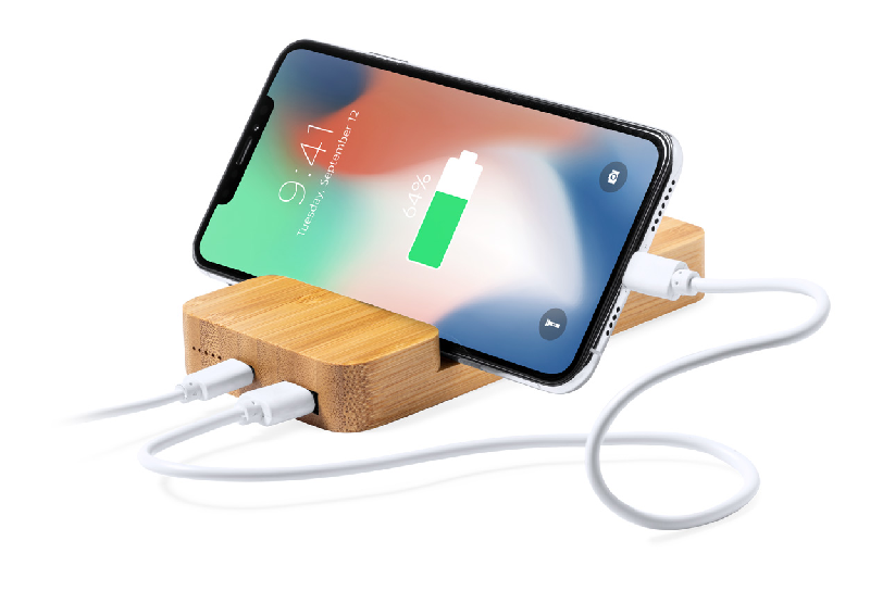 Power bank en bambou - Batterie 5000 mAh - Chargeur rapide sans fil 15W - Support mobile intégré_5