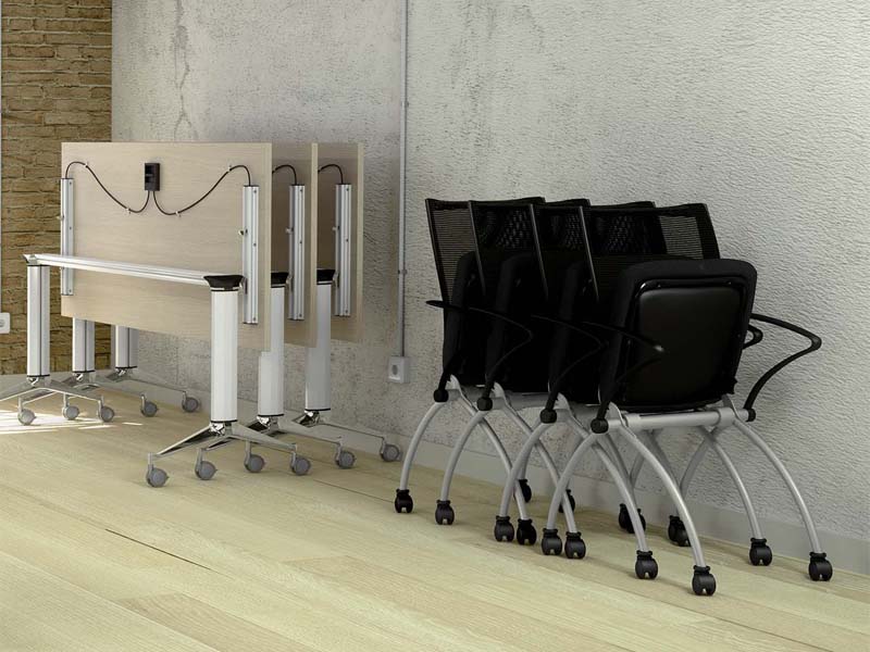 Chaise de collectivité à roulettes Siri - assise rabattable - tissu et résille - structure finition argentée_5