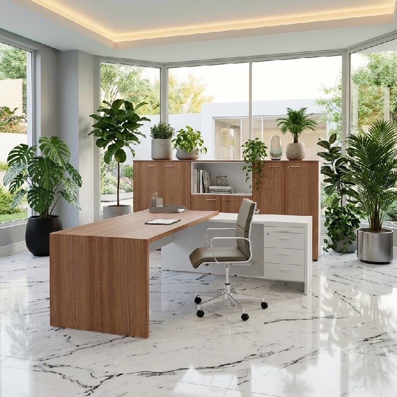 Bureau d'angle T45 avec caisson - Quadrifoglio. - 220, Noyer Canaletto et blanc_5