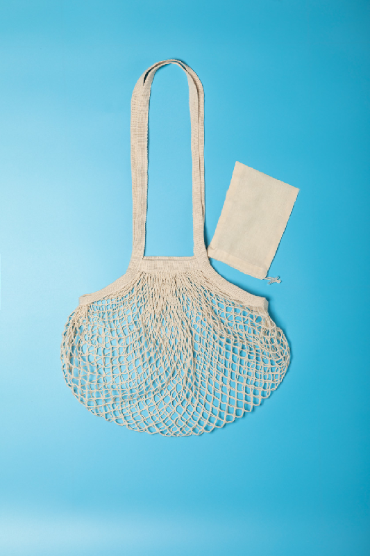 Sac shopping pliable en maille 100% coton - avec anses longues et pochette pliante à cordes - couleur beige_5