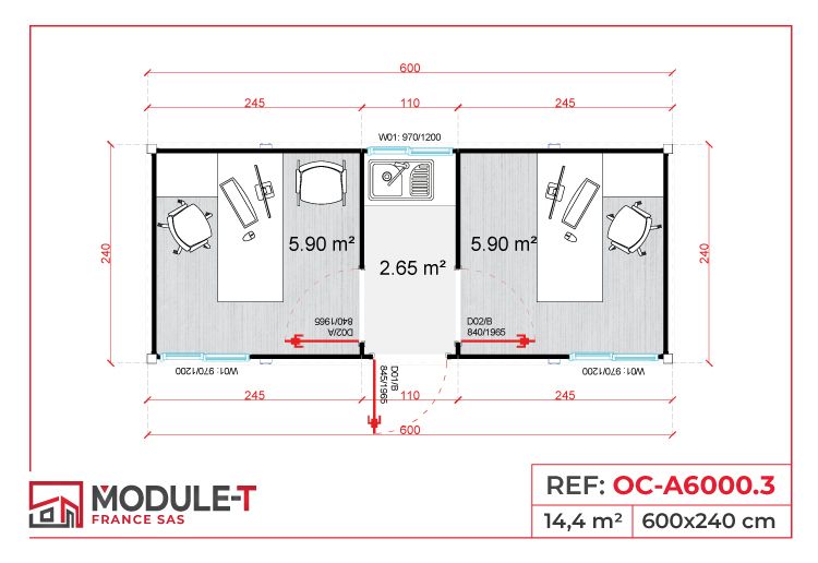 Module de bureau 20 pieds avec hauteur sous plafond 230 cm