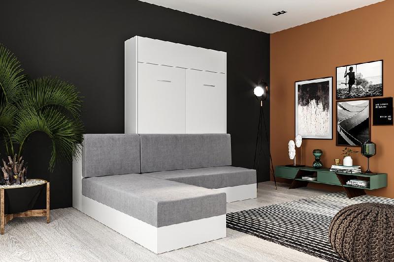 Lit escamotable Dynamo Sofa - Canapé angle méridienne réversible - Blanc mat et tissu gris - 140x200 cm_5