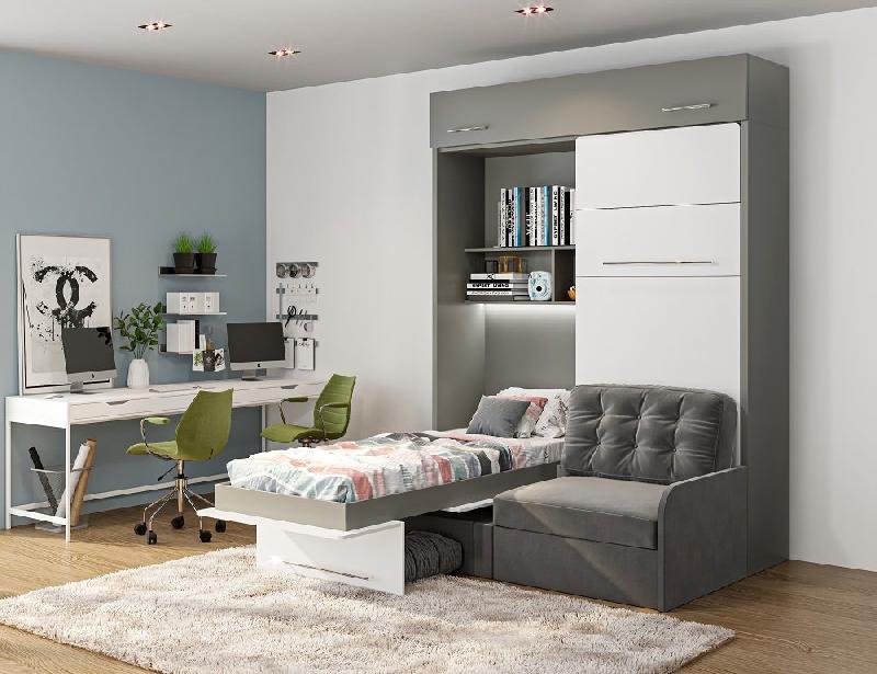 Duo Sofa - Armoire lit escamotable avec canapé gris - 2 x 90/200 - Structure grise et façade blanche_5