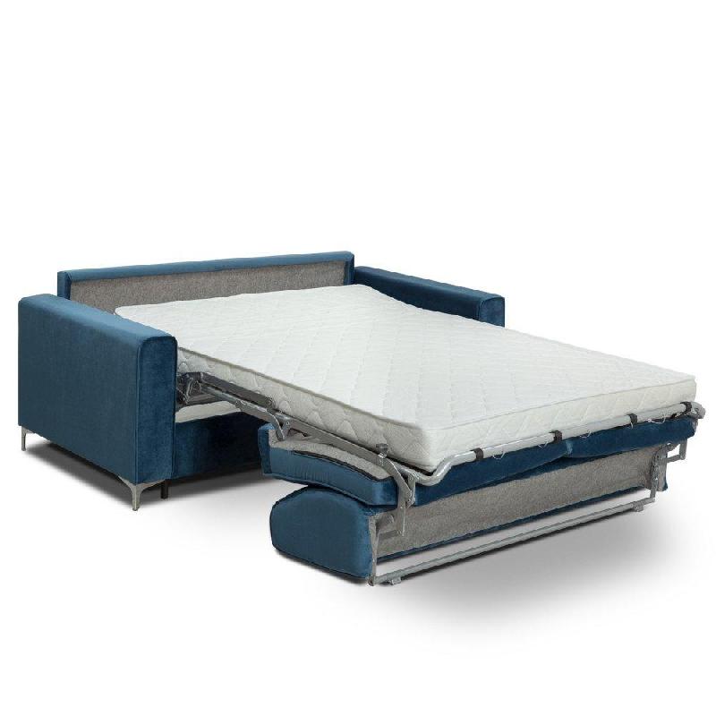 Canapé convertible express Jackson 140cm - sommier à lattes, tête de lit intégrée, velours bleu, matelas 16 cm_5