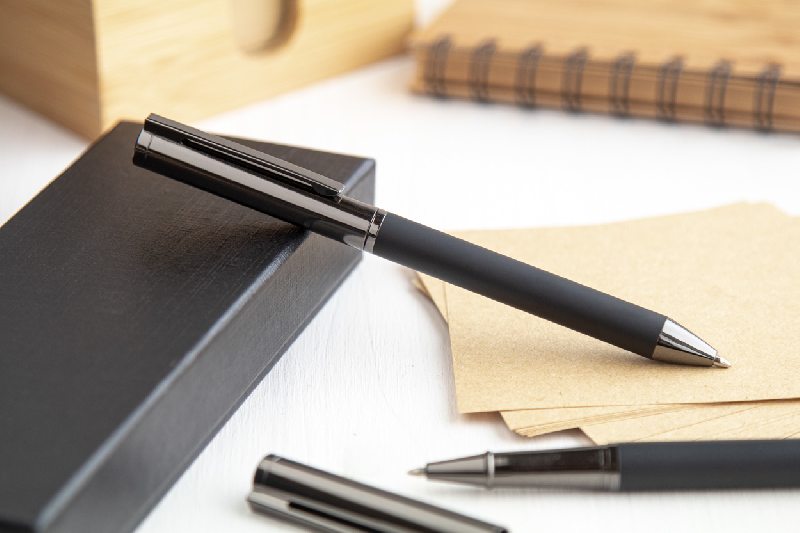 Parure stylos - Métal - Stylo à bille et roller - Étui cadeau en papier noir - Encre bleue_5