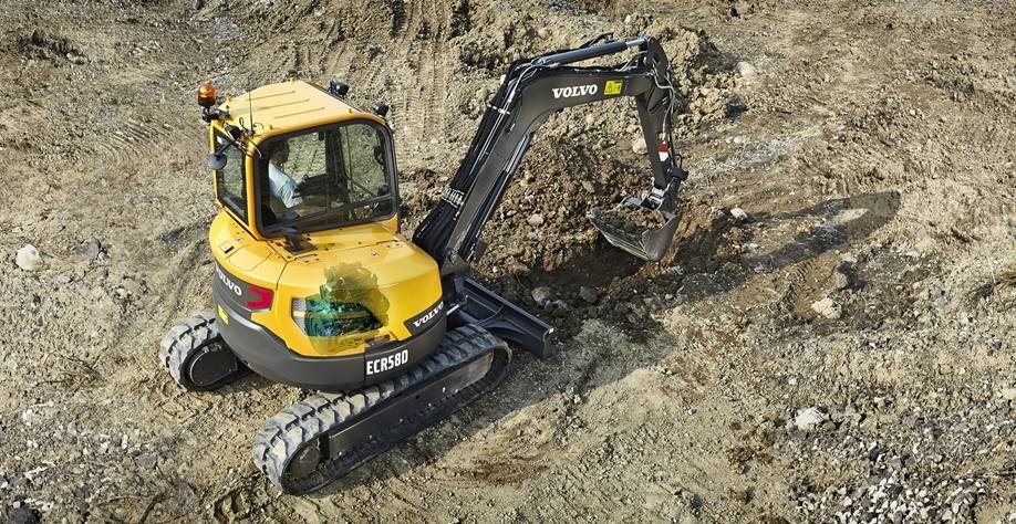 Engin Volvo ECR58D avec capacité de godet de 0,08 - 0,24 m³