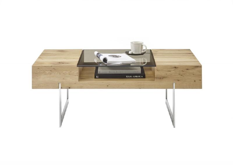 Table basse design Rewa - placage en chêne noueux huilé, plateau en verre teinté bronze et piètement en métal brossé_5