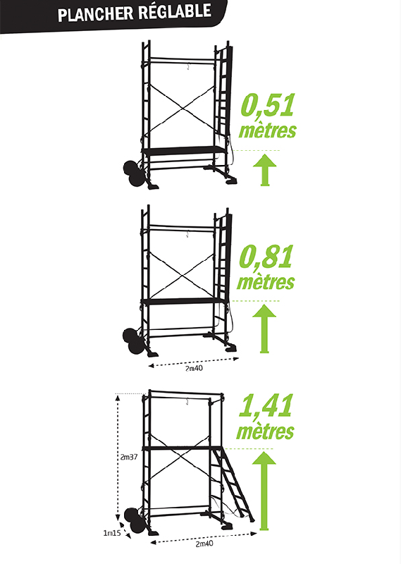 Échafaudage extérieur semi-pro - aluminium - Hauteur plancher 0,50m à 1,40m - Roues increvables - Centaure - Réf 872207_5