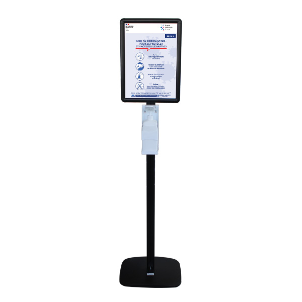 Poteau distributeur de gel 158 cm - Pompe manuelle 1L + cadre pancarte A3 portrait ou paysage - Gris clair - Réf : 214962_5