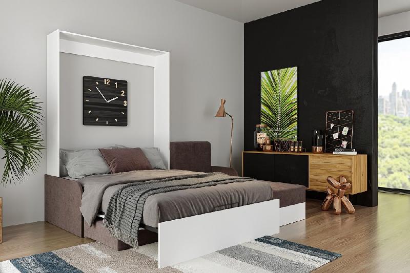 Lit escamotable DYNAMO SOFA - canapé angle méridienne réversible blanc avec accoudoirs tissu marron 140x200 cm_5