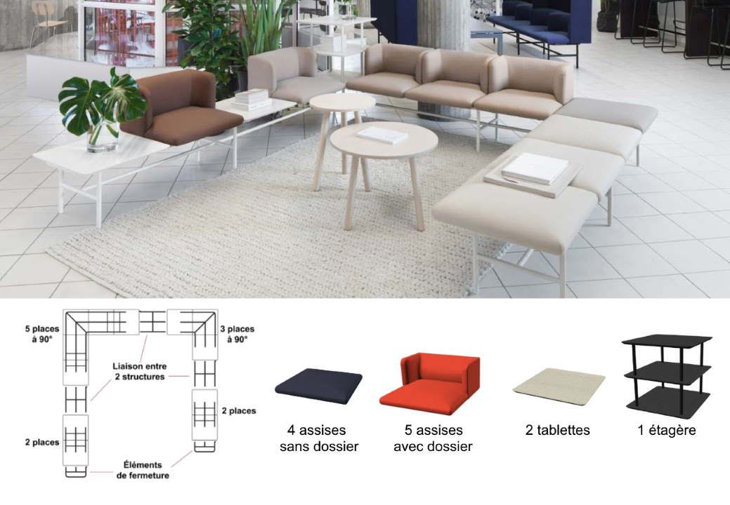 Ahora - Système flexible pour accueil et espaces d'attente avec coussins, tablettes et étagères_5