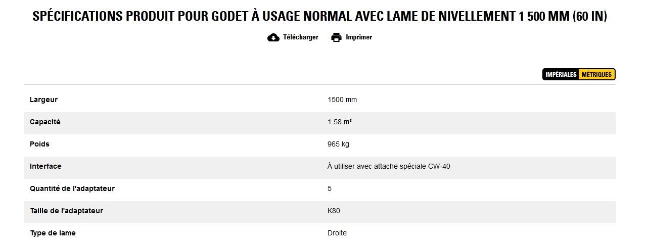 Godet d'excavation à usage normal avec lame de nivellement - caterpillar finance france - 1 500 mm (60 in) - poids 965 kg_5