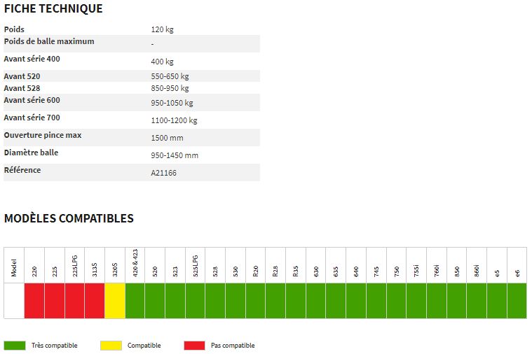 Outil agricole pour balles rondes avec ouverture maximale de 1500 mm