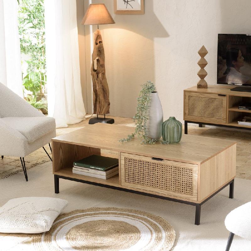 Table basse MARCI - 1 niche, 2 tiroirs avec cannage naturel et structure métal noir_5