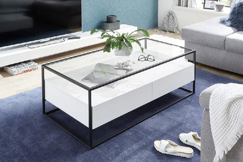 Table basse design Edmonton 120 cm - Blanc mat - Plateau verre trempé - Piètement acier époxy - 2 tiroirs_5