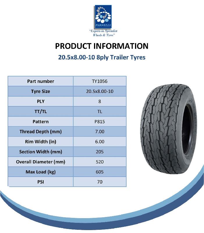 20.5x8.00-10 Roue de remorque 8ply 4 Inch PCD Road Legal 605kgs (Set of 4)_5