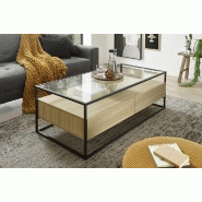 Table basse design Edmonton 120 cm - décor chêne, piètement acier époxy, plateau verre trempé, 2 tiroirs_5