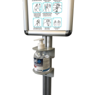 Poteau distributeur 158 cm - 1 face pour bouteilles gel 300 à 1000 ml - Cadre pancarte A3 portrait ou paysage - Gris clair - Réf : 214960_5