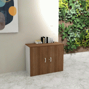 Armoire basse à portes battantes - Mobel Linea - 100, Gris aluminium, Acacia foncé_5