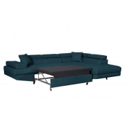 Canapé d'angle méridienne droite RINO - convertible avec coffre - bleu canard - pieds laqués noir - 3 têtières réglables - 2 coussins déco_5