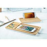 Chargeur induction de bureau en bambou - 5W avec support téléphone et Power Bank USB 1000 mA_5