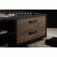 Table basse HALTON 115x45 - décor chêne barrique vieilli et gris cosmos mat - style industriel avec roulettes_5