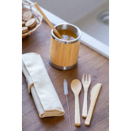 Set de couverts en bambou - 5 pièces avec pochette en coton - Fourchette, couteau, cuillère, paille et brosse de nettoyage_5