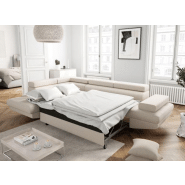 Canapé d'angle méridienne gauche RINO convertible beige avec coffre de rangement - pieds laqués noirs - 3 têtières réglables et 2 coussins déco_5